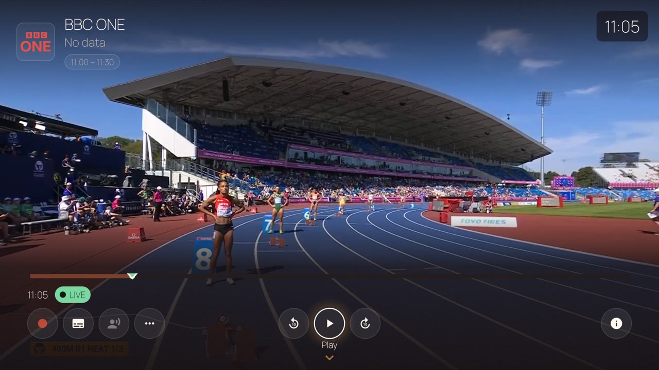 BingeBop player overlay on BBC ONE with transport controls