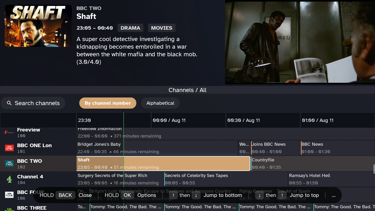 BingeBop EPG — programme guide with channel list, genre badges, and live preview