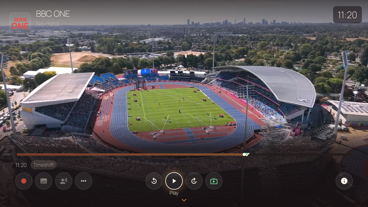 BingeBop player overlay on BBC ONE — live athletics with timeshift controls