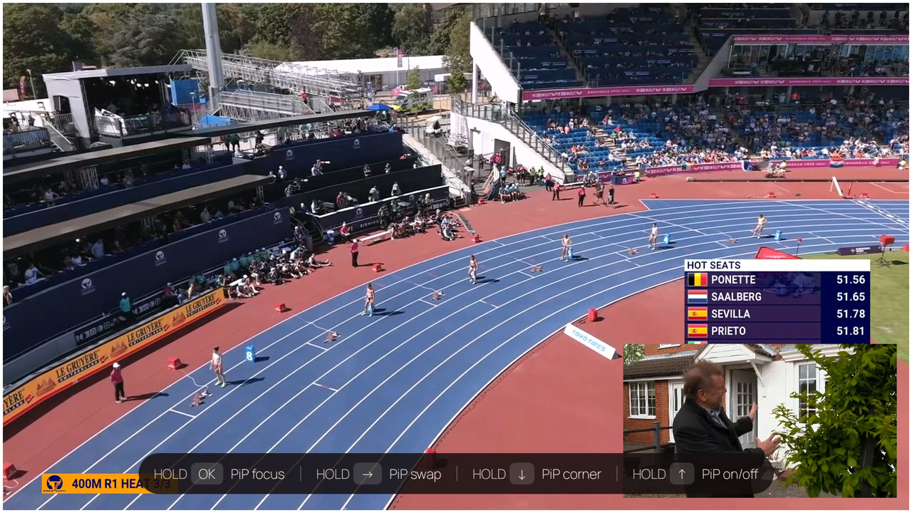 BingeBop PiP mode — two channels at once, athletics and BBC TWO