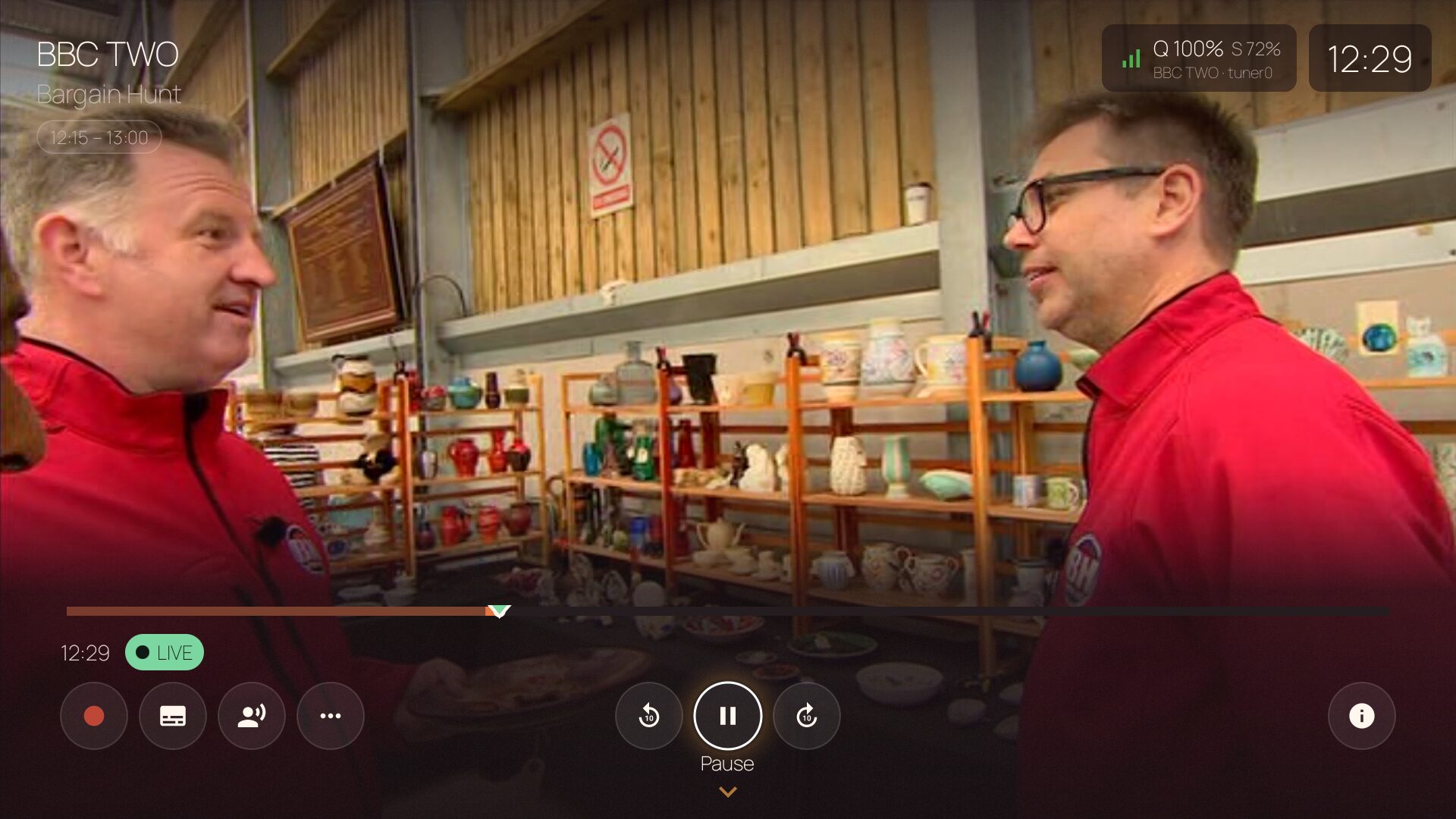 BingeBop player — live TV with transport controls, programme info and signal quality