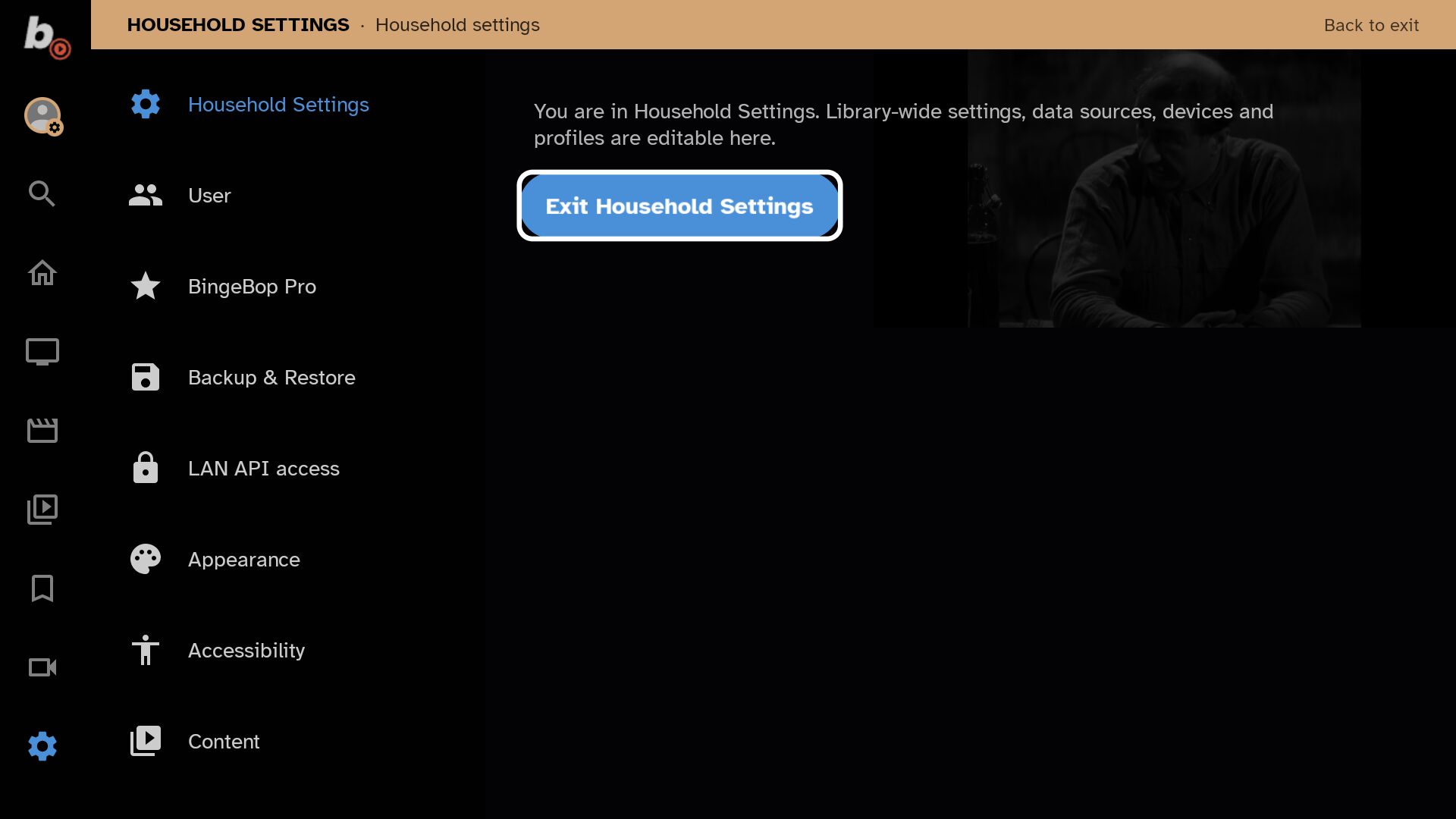 BingeBop household settings — sidebar with user, appearance, devices, backup options