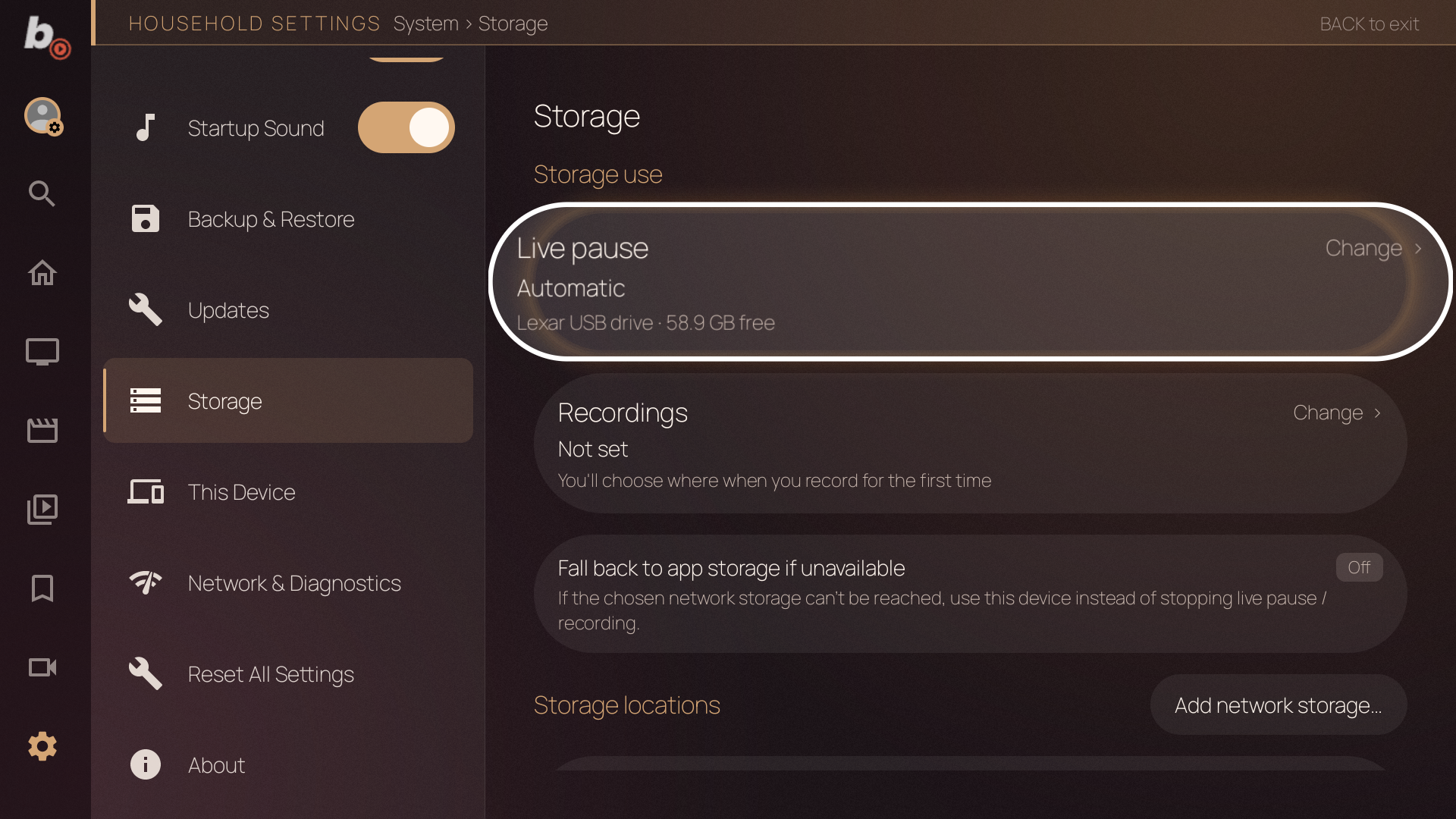 Storage panel — Live pause and Recordings role cards with Change buttons