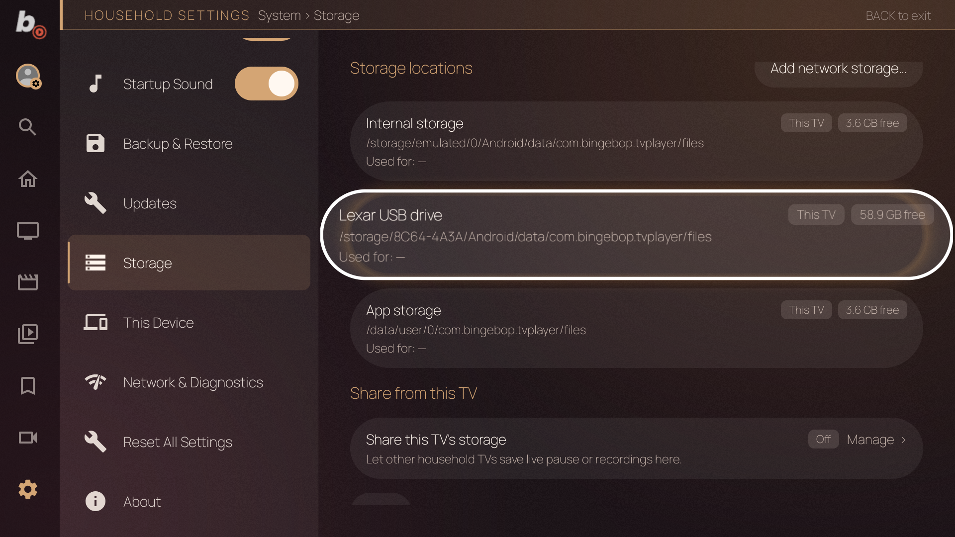 Storage locations — Internal storage, Lexar USB drive, App storage, each with free space