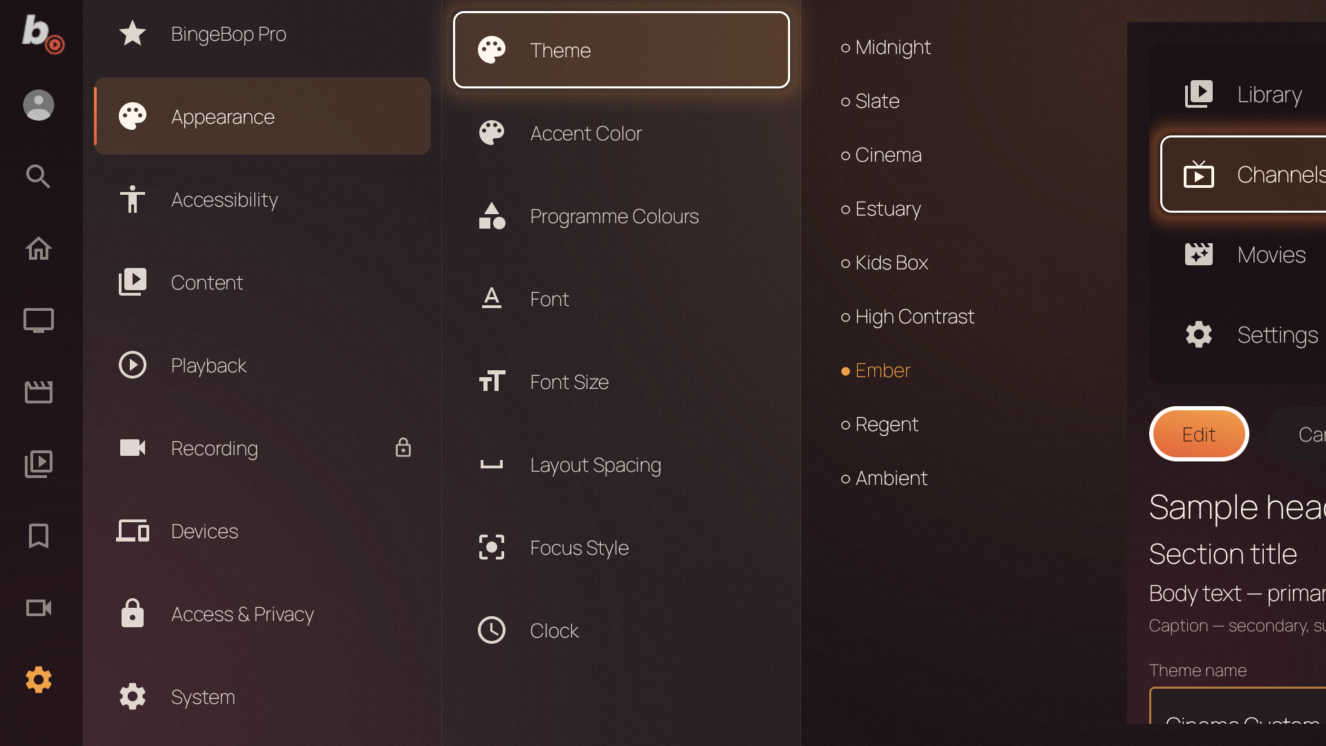 Theme picker with preset list and live preview panel