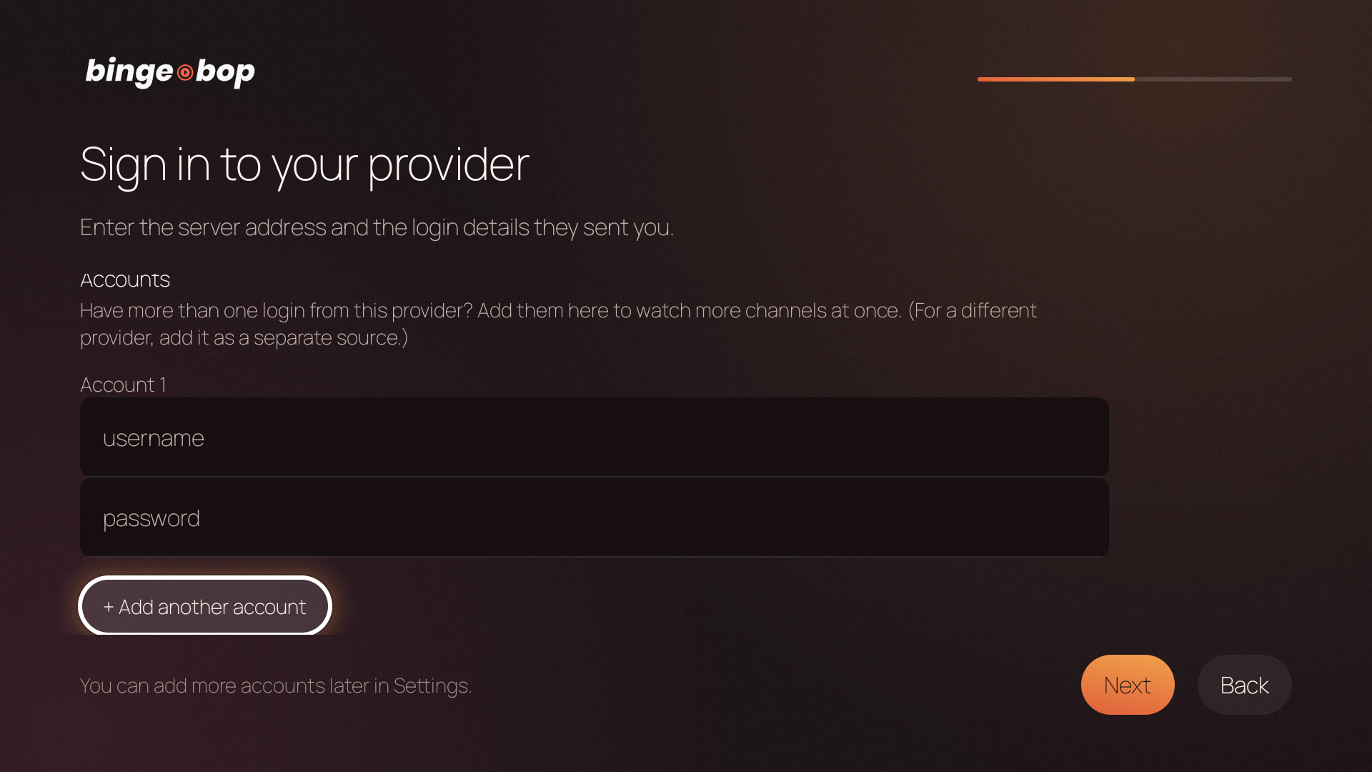 Sign in to your provider — username and password fields, multi-account support