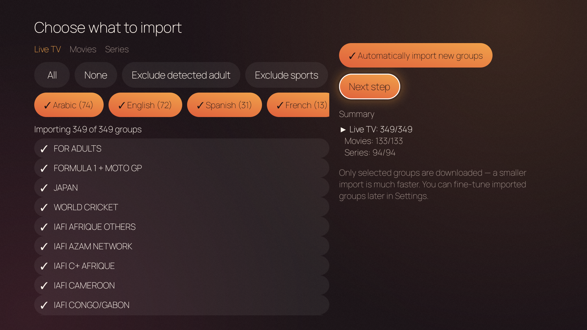 Choose what to import — category picker with Live TV, Movies, Series tabs and group checklist
