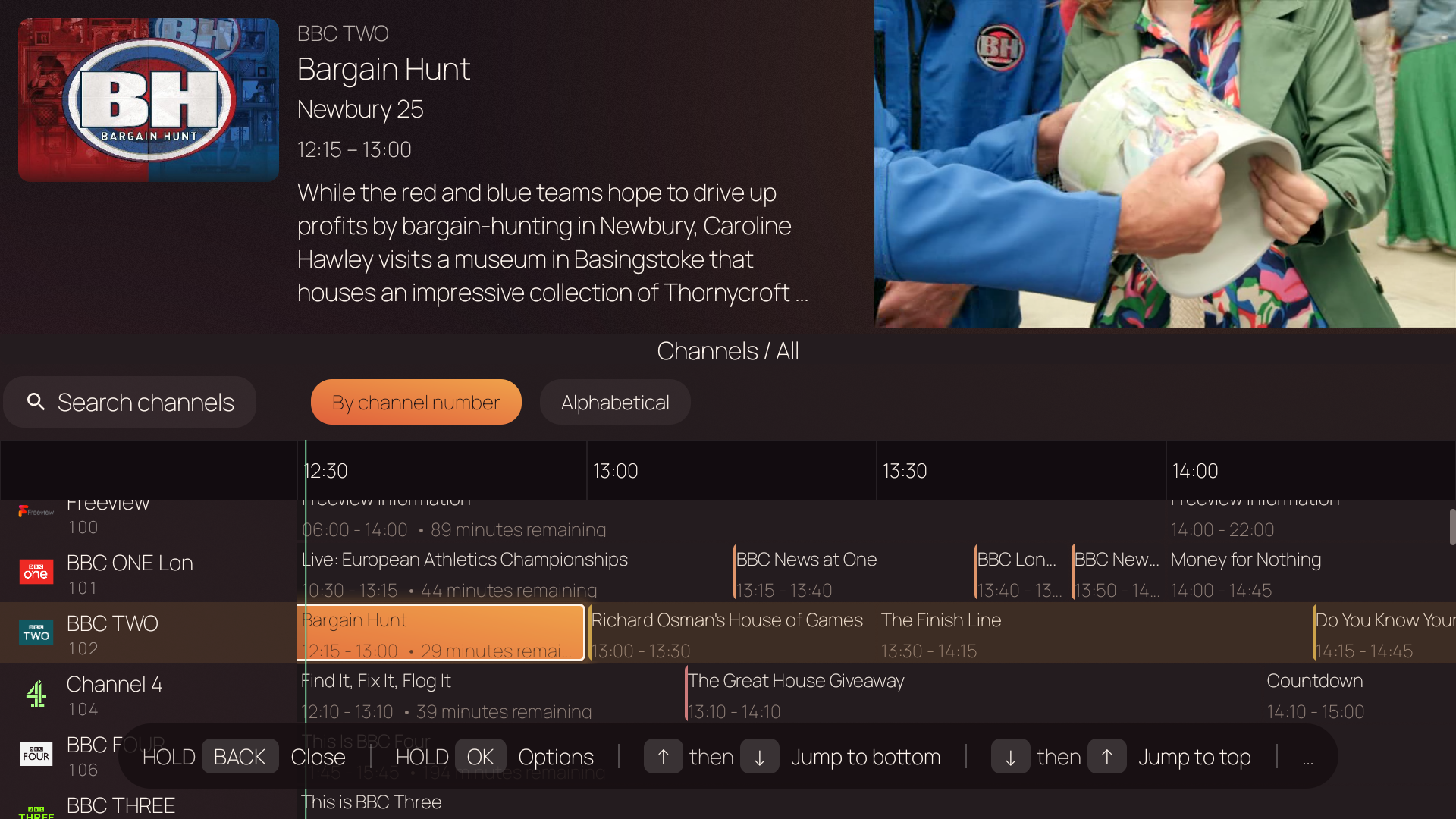 EPG — programme detail area with poster, genre badges, and live video