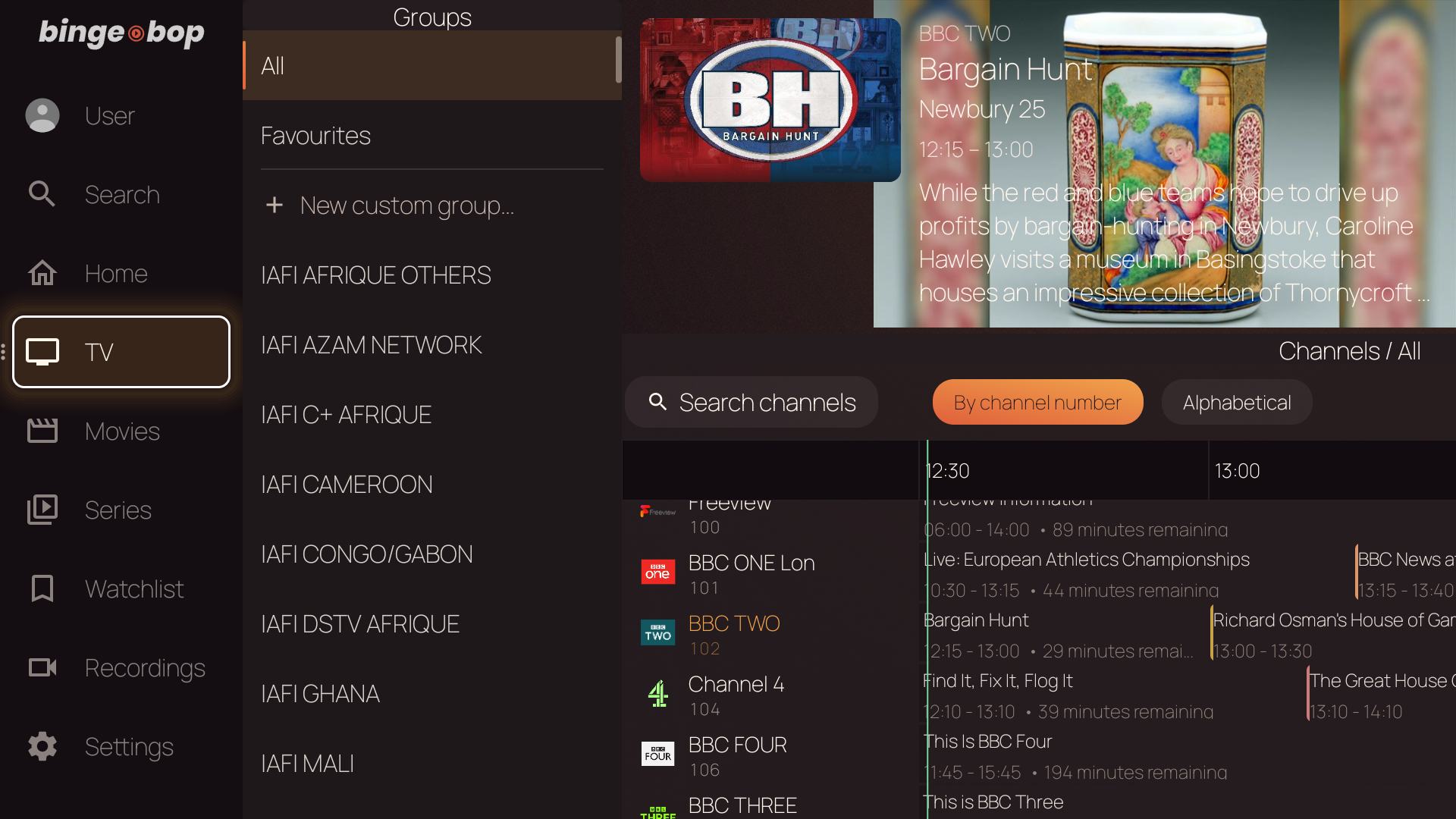 Groups panel — All, Favourites, custom groups, HDHomeRun