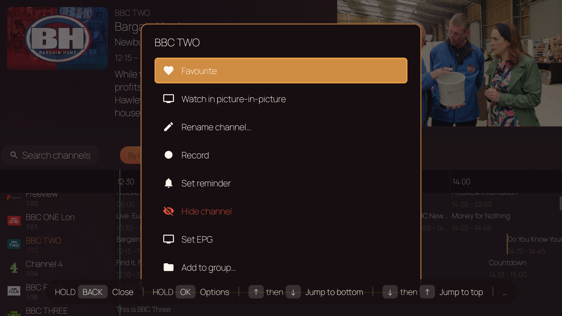 Channel context menu — Favourite, PiP, Rename, Record, Reminder, Hide, Set EPG, Add to group