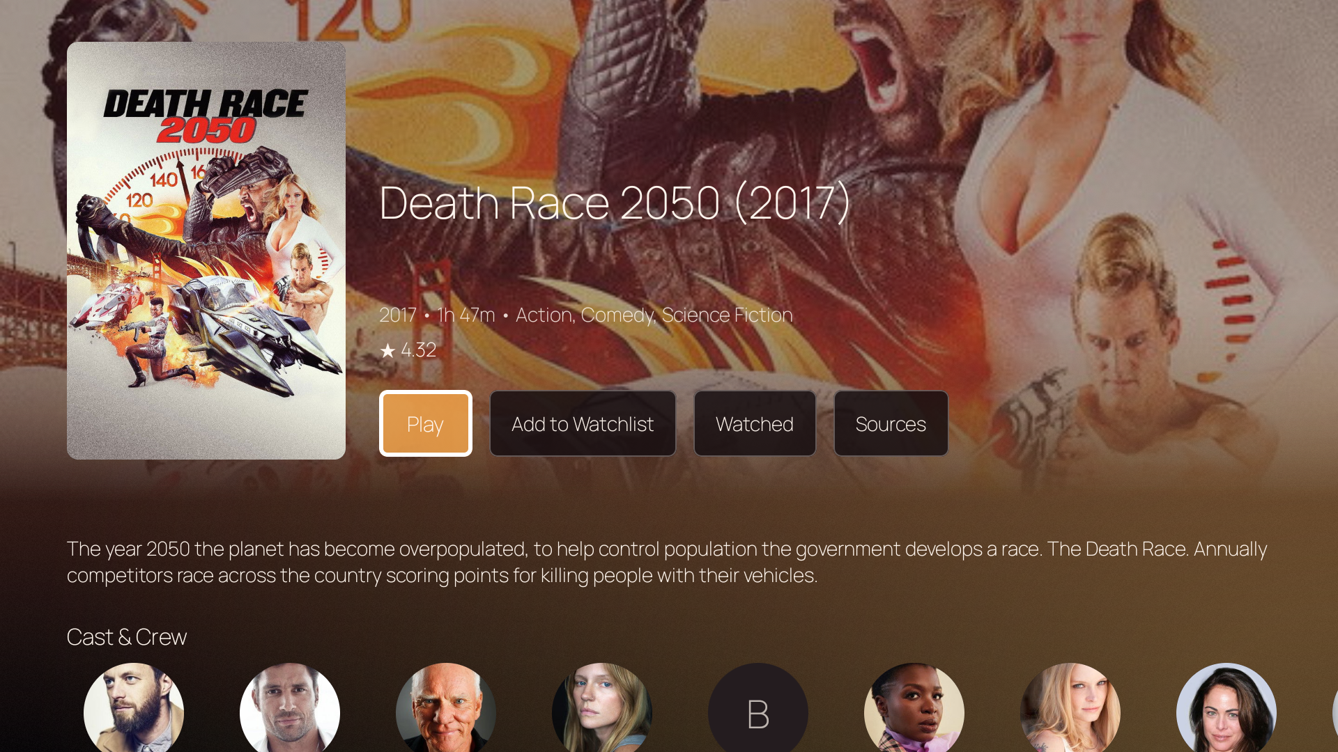 Movie detail — poster, backdrop, Play / Watchlist / Watched / Sources buttons, synopsis, Cast & Crew