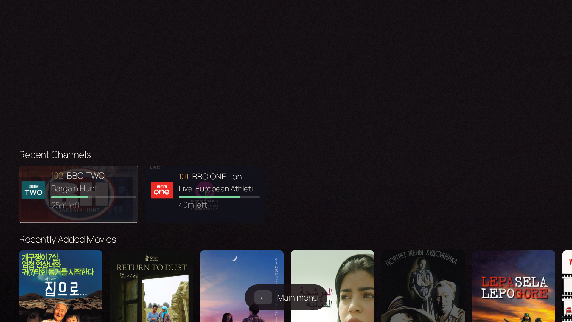 Home dashboard — Channels rail with card tiles