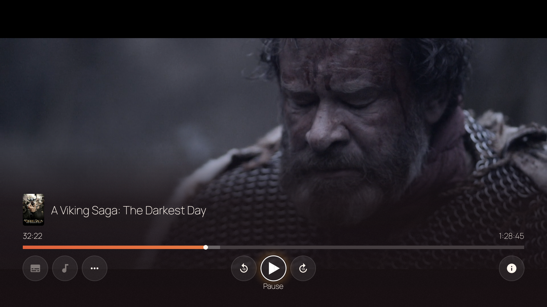 VOD player overlay — filmstrip thumbnails, seek bar, transport controls, time readout