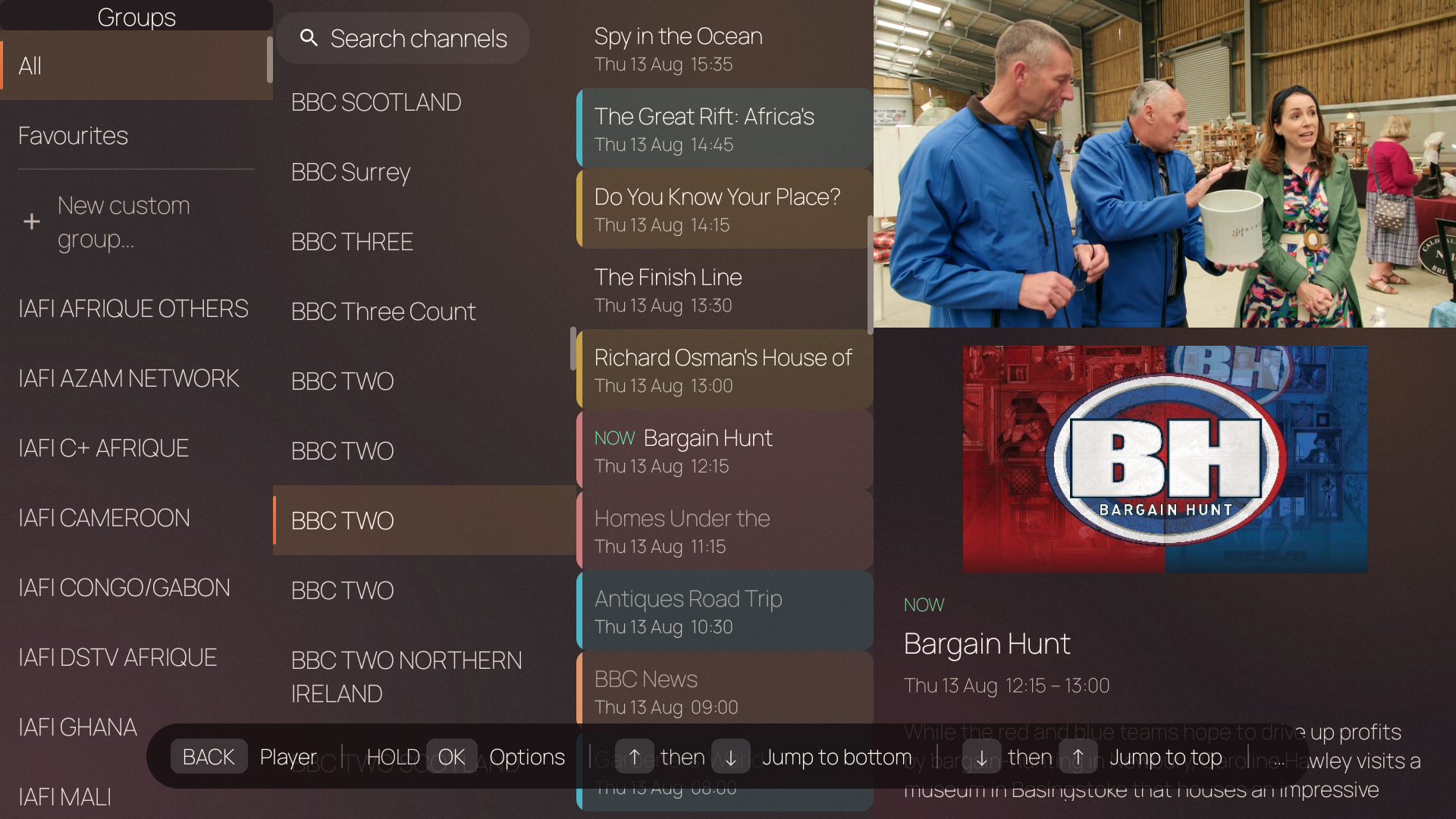 Catch-up browser — 3-column layout with groups, channels, past programmes