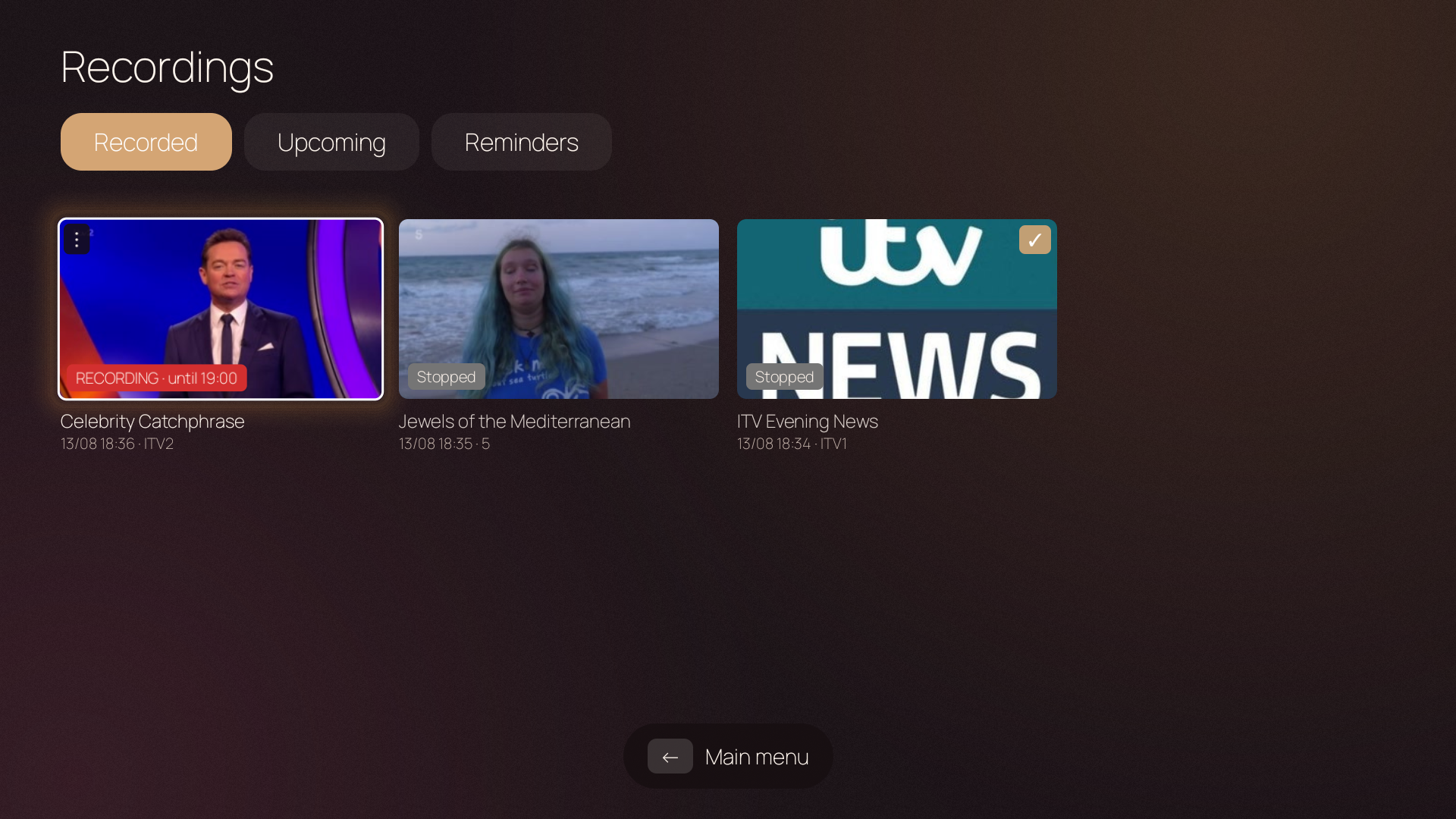 Recordings screen — three tabs: Recorded, Upcoming, Reminders